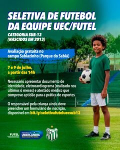 Seletiva gratuita de futebol em Uberlândia abre vagas para atletas sub-13