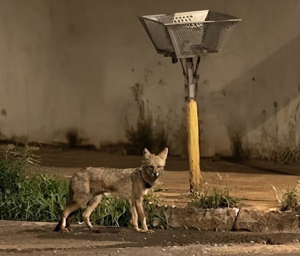 Raposa é vista caminhando em rua de Santa Vitória durante a noite